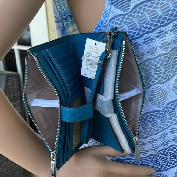 Michael Kors Large Double Zip Leather Wallet Wristlet Phone Case Lagoon - Picture 11 of 16